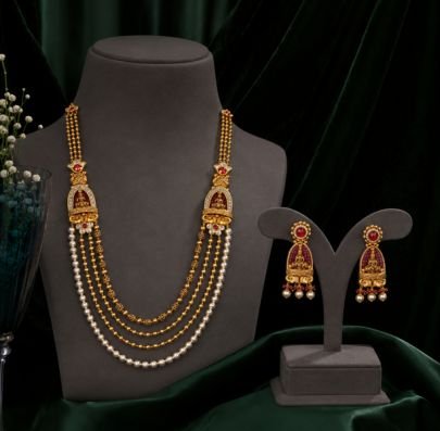 Divine Jewellery Traditional Gold Plated Pearl Layered Haram Necklace Set for Women | Antique Temple Long Necklace with Matching Earrings | Ethnic Bri