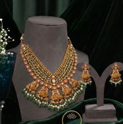 Divine Jewellery Traditional Green Beads Temple Necklace Set for Women | Antique Gold Plated Bridal Jewellery | Divine Jewellery