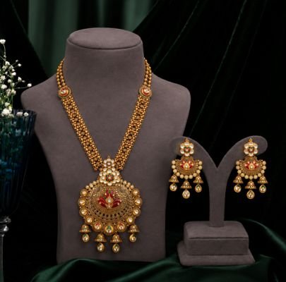 Divine Jewellery Traditional Gold Plated Silver Bridal Necklace Set with Designer Jhumka Earrings