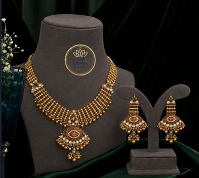 Divine Jewellery Traditional Gold Beaded Necklace Set with Earrings for Women | 92.5 Silver Gold Plated Bridal Jewellery