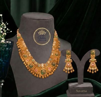 Divine Jewellery Traditional Green Stone Temple Necklace Set with Earrings | Antique Gold Plated Bridal Jewellery for Women