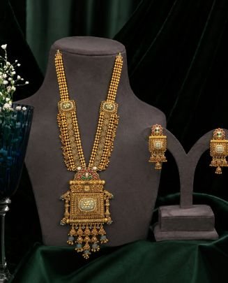 Divine Jewellery Traditional Gold Plated Long Necklace Set with Matching Earrings for Women | Antique Ethnic Bridal Jewellery | Divine Jewellery