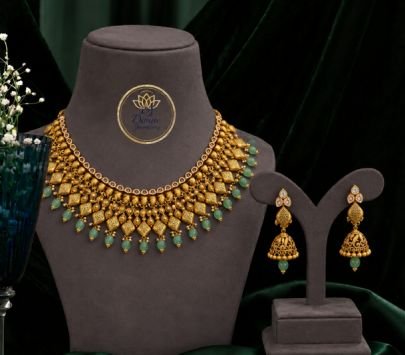 Divine Jewellery Traditional Green Beads Choker Necklace Set for Women | 92.5 Silver Gold Plated Bridal Necklace with Jhumka Earrings