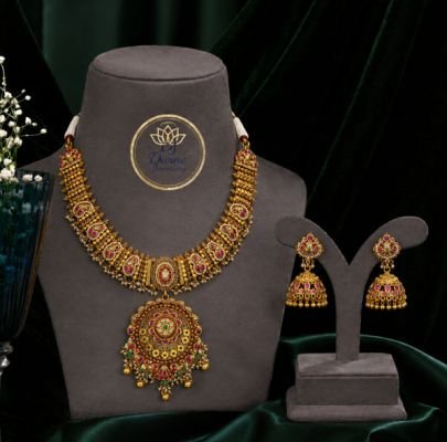 Divine Jewellery Traditional Gold Plated Pink Stone Bridal Necklace Set with Jhumka Earrings for Women