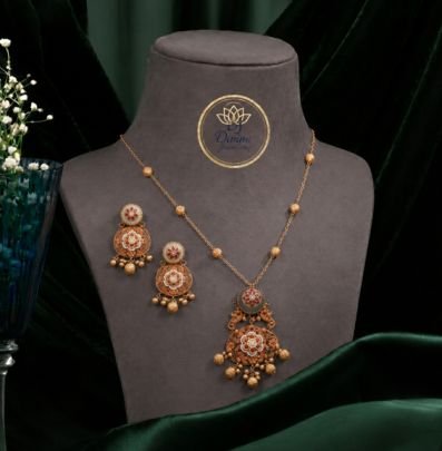 Divine Jewellery Traditional Gold Plated Silver Necklace Set with Designer Pendant & Earrings | Ethnic Floral Temple Jewellery for Women