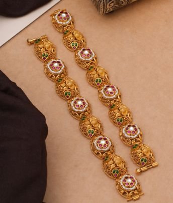 Divine Jewellery Traditional Gold Plated 92.5 Silver Antique Floral Designer Bracelet for Women