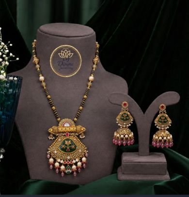 Divine Jewellery Traditional Gold-Plated Silver Mangalsutra Necklace Set with Temple Pendant & Matching Earrings for Women