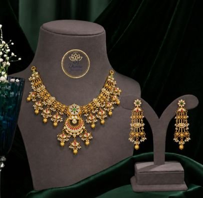 Divine Jewellery Traditional Gold Plated Kundan Floral Bridal Necklace Set with Earrings