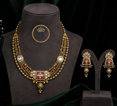 Divine Jewellery Traditional Gold Plated Silver Necklace Set with Earrings | Kundan Pearl Layered Ethnic Choker for Women