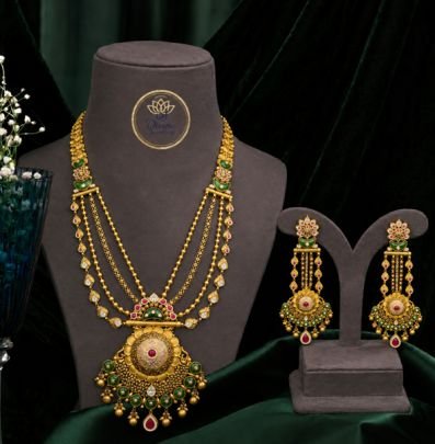 Divine Jewellery Traditional Green Temple Long Haram Necklace Set with Earrings | 92.5 Silver Gold Plated Bridal Jewellery