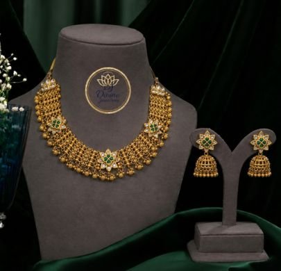 Divine Jewellery Traditional Green Stone Jhumka Necklace Set | 92.5 Silver Gold Plated