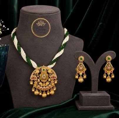 Divine Jewellery Traditional Green & White Beaded Temple Pendant Necklace Set with Matching Earrings | 92.5 Silver Gold Plated Heritage Bridal Jewelle