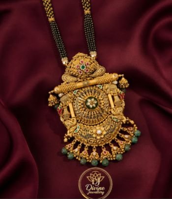 Divine Jewellery Traditional Gold Plated Mangalsutra Necklace for Women | Antique Temple Design Long Pendant Mangalsutra with Green & Red Stone Work