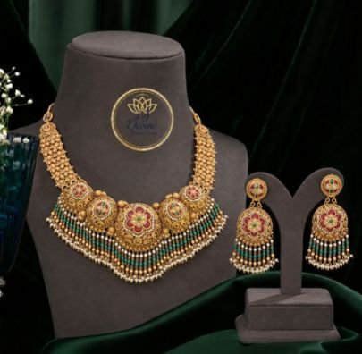 Divine Jewellery Traditional Gold Plated Choker Necklace Set with Earrings for Women, Floral Ethnic Jewelry Set with Green Beads & Multicolor Stone De