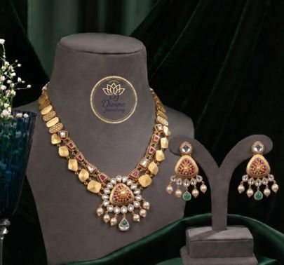 Divine Jewellery Traditional Kundan Pearl Pendant Necklace Set for Women | Gold Plated Silver Bridal Jewellery Set with Earrings