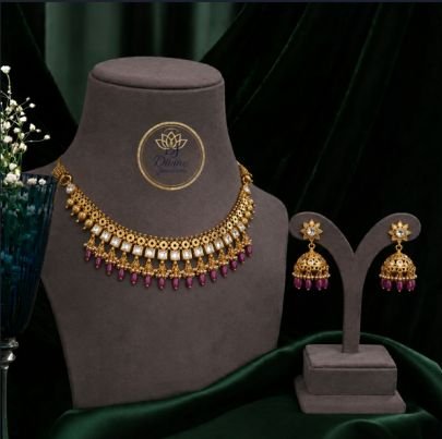Divine Jewellery Traditional Kundan Choker Necklace Set with Pink Beads & Jhumka Earrings for Women | Divine Jewellery