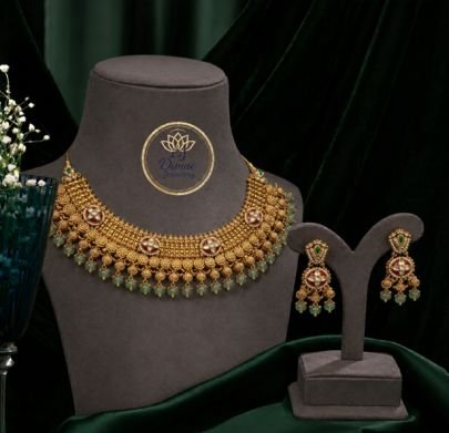 Divine Jewellery Traditional Kundan Choker Necklace Set with Green Beads & Earrings | Gold Plated Silver Bridal Jewellery