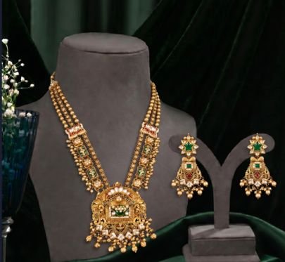 Divine Jewellery Traditional Kundan Green Stone Long Necklace Set with Earrings for Women | Gold Plated Silver Jewellery Set