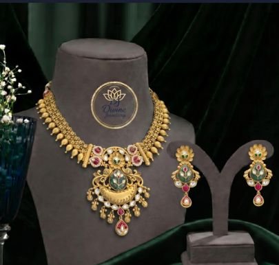 Divine Jewellery Traditional Kundan Temple Necklace Set with Earrings for Women | Gold Plated 92.5 Silver Bridal Jewellery Set