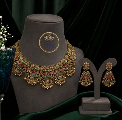 Divine Jewellery Traditional Kemp Stone Temple Choker Necklace Set with Earrings for Women | Antique Gold Plated Silver Bridal Jewellery