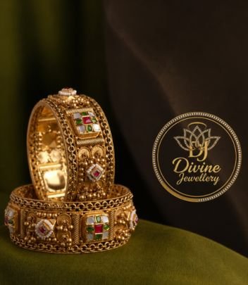 Divine Jewellery Traditional Kundan Gold Plated Kada Bangles for Women | 92.5 Silver Designer Bridal Bangle Set