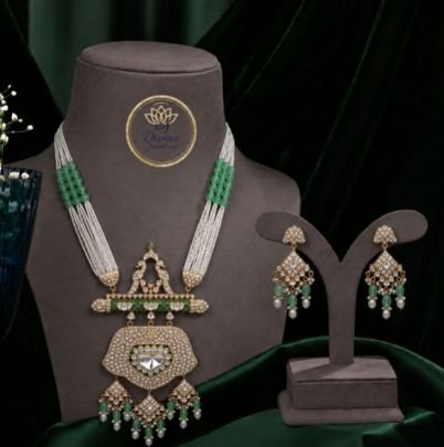 Divine Jewellery Traditional Kundan Necklace Set for Women | Green Beaded Pearl Mala with Statement Pendant & Matching Earrings | Bridal Wedding Ethni