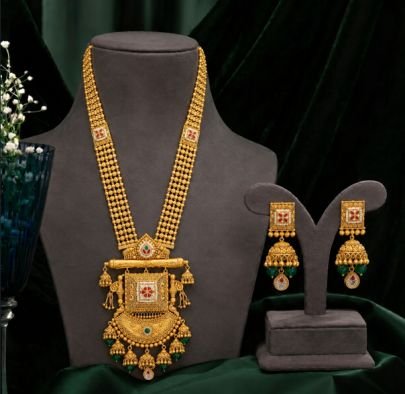 Divine Jewellery Traditional Long Haram Set for Women | Gold Plated Silver Temple Pendant Necklace with Earrings