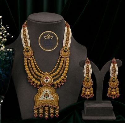 Divine Jewellery Traditional Layered Temple Haram Necklace Set for Women | 92.5 Silver Gold Plated Antique Bridal Necklace with Earrings