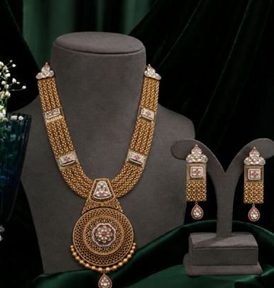 Divine Jewellery Traditional Long Necklace Set for Women, Antique Gold Plated Pendant Necklace with Matching Earrings, Bridal Wedding & Festive Jewelr