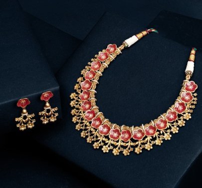 Divine Jewellery Traditional Meenakari Floral Necklace Set with Red Enamel Flower Motifs