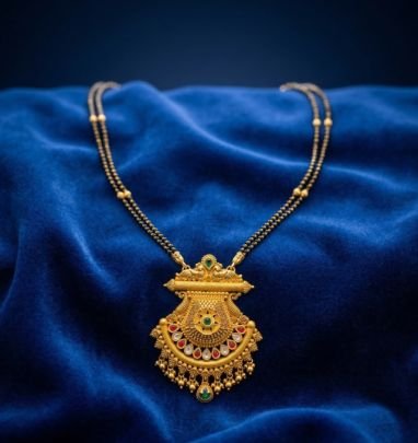 Divine Jewellery Traditional Mangalsutra with Antique Temple Pendant and Ruby Emerald Stone Accents