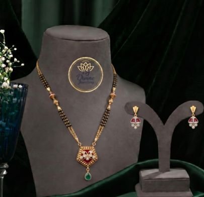 Divine Jewellery Traditional Mangalsutra Pendant Set for Women | Gold Plated Silver Black Bead Necklace with Earrings