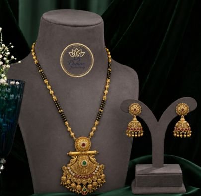 Divine Jewellery Traditional Mangalsutra Pendant Set with Jhumka Earrings | Gold Plated Silver Ethnic Jewellery