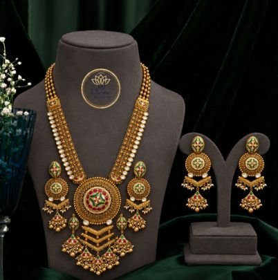 Divine Jewellery Traditional Multicolor Temple Long Necklace Set for Women | 92.5 Silver Gold Plated Bridal Haar with Designer Earrings