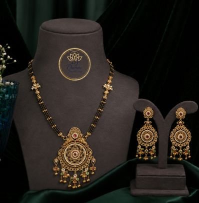Divine Jewellery Traditional Mangalsutra Pendant Set with Filigree Design & Matching Earrings | 92.5 Silver Base Gold Plated Designer Jewellery for Wo