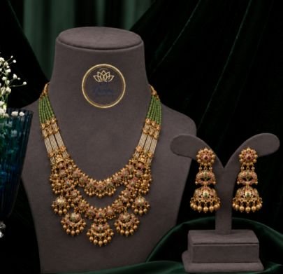 Divine Jewellery Traditional Multi Layer Beaded Necklace Set for Women with Earrings | Green Bead Gold Plated Ethnic Jewellery | Bridal Wedding Festiv