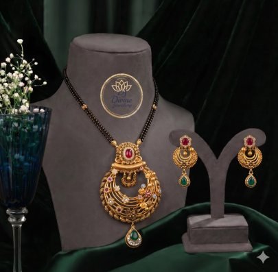 Divine Jewellery Traditional Mangalsutra Necklace Set for Women, Gold Tone Floral Pendant with Matching Earrings, Ethnic Bridal Wedding Jewelry Set