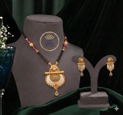 Divine Jewellery Traditional Mangalsutra Necklace Set for Women, Gold Tone Designer Pendant with Matching Earrings, Ethnic Bridal Wedding Jewelry Set