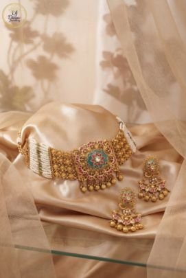 Divine Jewellery Traditional Pearl Polki Choker Bracelet Set with Earrings