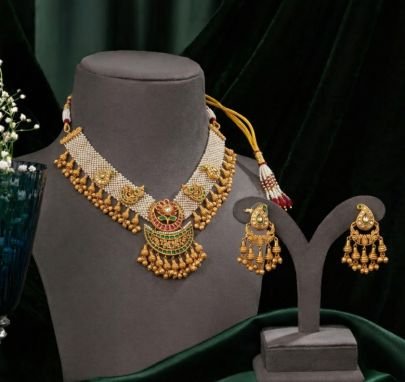 Divine Jewellery Traditional Pearl Choker 92.5 Silver Gold Plated Necklace Set with Temple Pendant and Jhumka Earrings