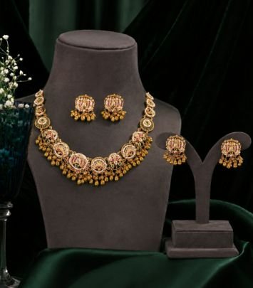 Divine Jewellery Traditional Pink Green Stone Necklace Set for Women | 92.5 Silver Gold Plated Bridal Choker Set with Earrings & Ring