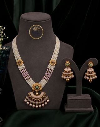 Divine Jewellery Traditional Pearl Mala Pendant Set for Women | 92.5 Silver Gold Plated Ethnic Necklace with Earrings