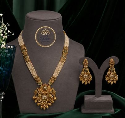Divine Jewellery Traditional Pearl Mala Pendant Set with Antique Earrings | Gold Plated Silver Bridal Jewellery