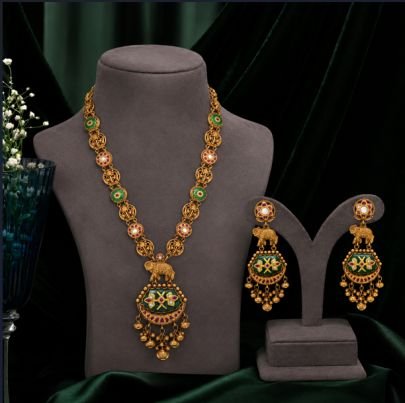 Divine Jewellery Traditional Peacock Motif Long Necklace Set with Multicolor Meenakari Earrings