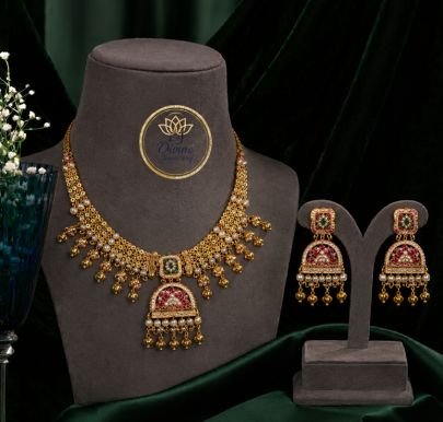 Divine Jewellery Traditional Pendant Choker Necklace Set with Earrings for Women | 92.5 Silver Gold Plated Ethnic Jewellery