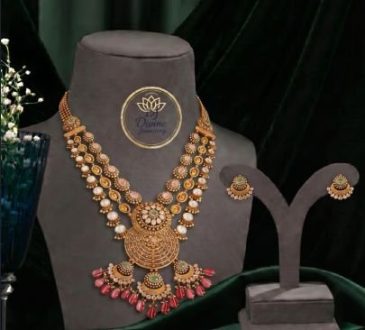 Divine Jewellery Traditional Pink Beads Temple Necklace Set for Women | 92.5 Silver Gold Plated Antique Bridal Jewellery Set