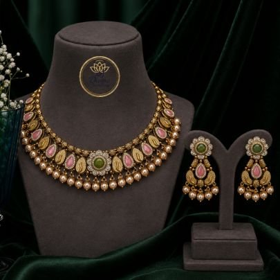 Divine Jewellery Traditional Pink & Green Stone Choker Necklace Set for Women | 92.5 Silver Gold Plated Bridal Designer Necklace with Earrings