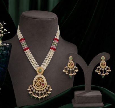 Divine Jewellery Traditional Pearl Mala Pendant Necklace Set with Meenakari Work & Matching Earrings | 92.5 Silver Base Gold Plated Jewellery
