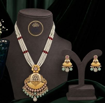 Divine Jewellery Traditional Pearl Mala Statement Pendant Necklace Set with Pastel Beads & Matching Earrings | 92.5 Silver Base Gold Plated Jewellery