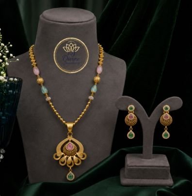 Divine Jewellery Traditional Pastel Stone Pendant Necklace Set | 92.5 Silver with Gold Plating | Designer Ethnic Jewellery Set with Matching Earrings